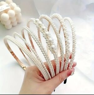 Pearl Headbands 7-Piece Set, Goldtone Metal With White Faux Pearls, Model 2